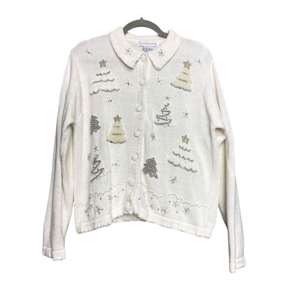 Vintage Victoria Jones white embroidery cardigan sweater size L